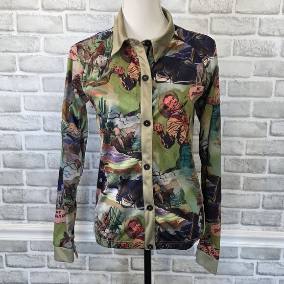 M Sport 6 Tops - Women's Printed Button-Front Long-Sleeve Top in Olive Green
